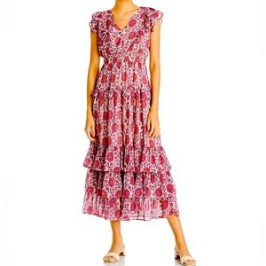 AQUA NWT Indian Stamp metallic print ruffled maxi dress size S gorgeous!